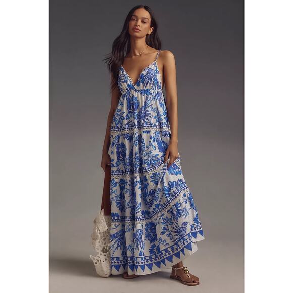 FARM Rio Dresses & Skirts - FARM Rio Flowerful Birds Maxi Dress Size XL Blue White Cotton V-Neck Boho Resort